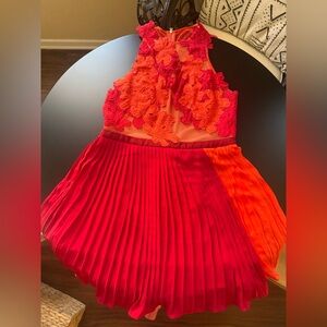 Vibrant Red, Coral and Orange Pleated Dress